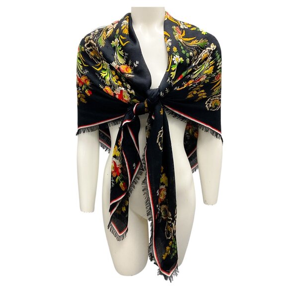 Louis Vuitton Black Multi Floral Monogram Fringed Large Wool Silk Cashmere Scarf - Picture 2 of 6